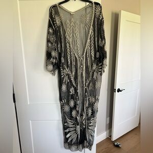 Embroidered Sheer Black Kimono Duster with Cream Floral Detail